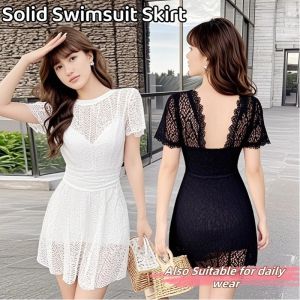 One-Piece Solid Swimsuit Skirt Women Suspender Backless Lace Fashion Conservative Beach Swimsuit