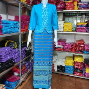 ชุดไทยผ้าฝ้ายพื้นเมืองชุดคอจีนแต่งลายขอ