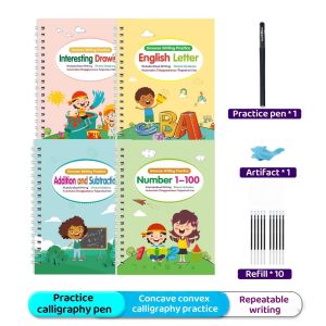 4 Book (Free Pens) / Written Groove Writing Practice / Reusable Erasable Copybook / Kids Pen Control Training