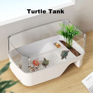 GBDSVD Bask Platform Turtle Tank Multi-function Area Bottom Drain Turtle House 360° Viewing Planting Space Water Turtles Cage Breed