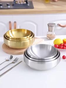 304 Stainless Steel Double Layer Cold Noodle Bowl Gold Silver Korean Style Anti-scald Large Salad Soup Bowls Kitchen Utensils2026