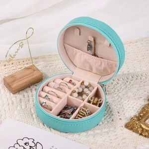 Round Jewelry Storage Box with handle Zipper Portable Travel Multifunction Necklace Earring Ring Women Gifts Box Jewelry Organizer Box