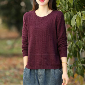Womens Spring Autumn Cotton Knit Top | Crew Neck Loose Solid Base Layer Sweater