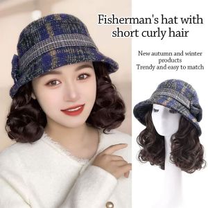 WILLUCK Attached Wig Fisherman Hat With Wig With Curly Hair Bowknot Wig Bucket Hat Autumn Winter Casual Warm Fisherman Cap Women