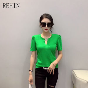 REHIN Womens top solid colour round neck cotton short-sleeved cotton T-shirt niche street style blouse