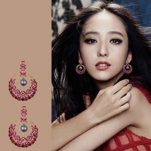 SEQUITO Indian Luxury Gold Plated CZ Large Circle Round Drop Earing with Grey Pearl Women Statement Hollow Earrings for Bohemian Costume Jewelry SE184
