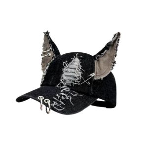 SUTONGXUE Rabbit Ripped Denim Baseball Cap Y2K Puppy Chains Doberman Ears Hat Fashion Retro Bunny Ears Snapback Cap Girl