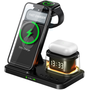5 In 1 Wireless Charger Stand Foldable Clock RGB Night Light Fast Charging Station For iPhone15 14 13 12 Apple Watch Airpods Pro