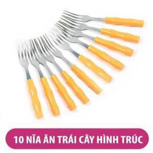 Combo 10 cây dĩa inox cán nhựa hình cây trúc dùng ăn hoa quả rất tiện dụng bền đẹp