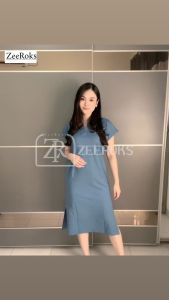 Kaos Vneck Dress Midi Longgar dengan Bahan Katun Premium Celah Santai Polos Jalan Manis Terbaru
