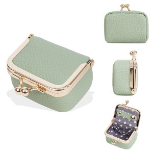 Portable Genuine Leather Kiss Lock Coin Purse Square Solid Color Leather Jewelry Bag Mini Multifunctional Small Item Bag Storage
