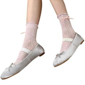 Nữ Phụ Nữ thẩm mỹ ngọt Bowknot giọng tất ống dài trung bình hollowout họa tiết trái tim Áo Xếp Nếp tất kiểu vận động viên Hàng dệt kim