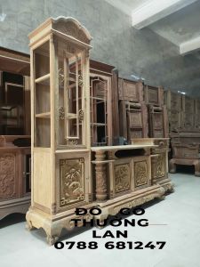 Tủ Lệch kê tivi gỗ gụ dài 220 sâu 50 kệ bày đồ cao 2 mét