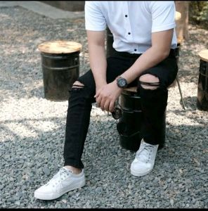 JEANS PENSIL HITAM SOBEK LUTUT PRIA / CELANA PANJANG COWOK / SLIMFIT / DENIM SOBEK LUTUT RIPPED BAHAN STREET / SKINNY JEANS PRIA DEWASA BISA COD