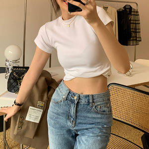 สตรีแขนสั้นคอกลมสุดเซ็กซี่แขนสั้นเพรียวบางลำลองของผู้หญิง