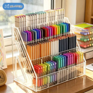 MLADEN Acrylic Pen Holder Multi Compartment Organizer Clear Desk Storage Rack Office Study Makeup