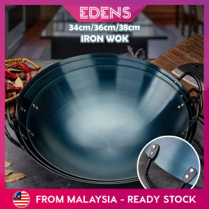 Edens 34/36/38cm Traditional Non Coated Refined Iron Wok Double Wok Handle Large Household Wok - Fulfilled by Edens