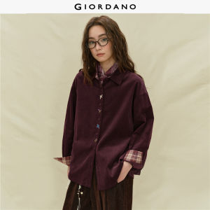 Giordano Women 100% Cotton corduroy plaid spliced shirt Free Shipping 18345227