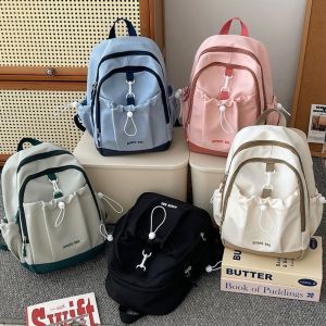 R3LRW0X Nylon Contrasting Color Backpack Solid Drawstring Bag Students School Bag Kawaii Handbag Shoulder Bag Outdoor