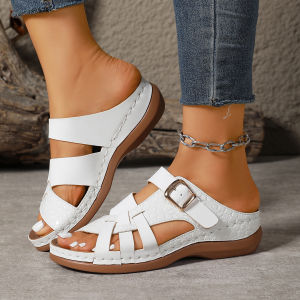 [Free Shipping] Solid-Color Buckle Sandals For Women New Summer Styles Thick-Soled Plus-Size Wedge-Heeled Open-Toe Sandals Wholesale