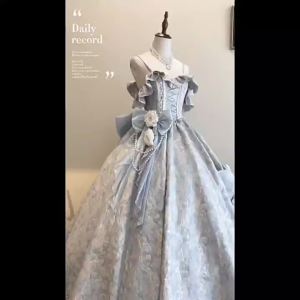 [ Ode to Rosia ]  Design Lolita Gorgeous Floor-Length Wedding Dress for Bride Blue Ceremony Dress