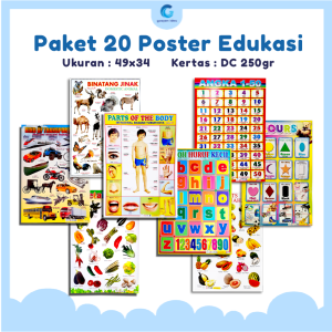 Paket 20 Poster Edukasi Anak Belajar Huruf Angka Buah Sayur Binatang Transportasi dll