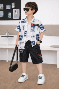 Setelan Kemeja Motif Fashion Celana Denim Cargo Hitam Pendek Usia Anak 1-12 Tahun