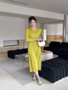 Miyake High-end Pleated Casual Elegant V-neck Dress # 1857