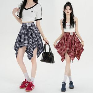 RF studio retro plaid babes design new straps irregular skirt elastic summer high waist slim skirt short skirt