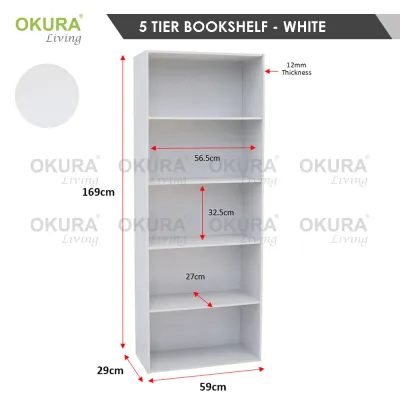 OKURA 5 Tier Multipurpose Bookcase Cabinet Organizer Storage Shelves Rack Book Shelf Rak Serbaguna 5 Tingkat