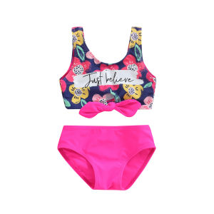 【COD&Local】Girl´s Two Pieces Swimwear Suit Letter Floral Print Front Twist Knot Vest Tops with Underpants