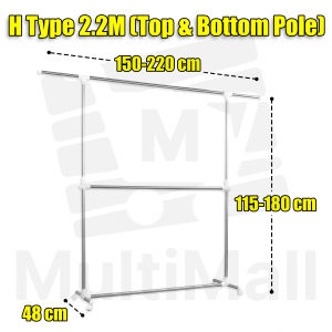 H Type 2.2M Top and Bottom Pole Stainless Steel Laundry Rack Easy Storage Clothes Drying Rack with Top and Bottom Pole Multi-functional Adjustable and Space Saving for Drying Towels Sheets Household and Quilts