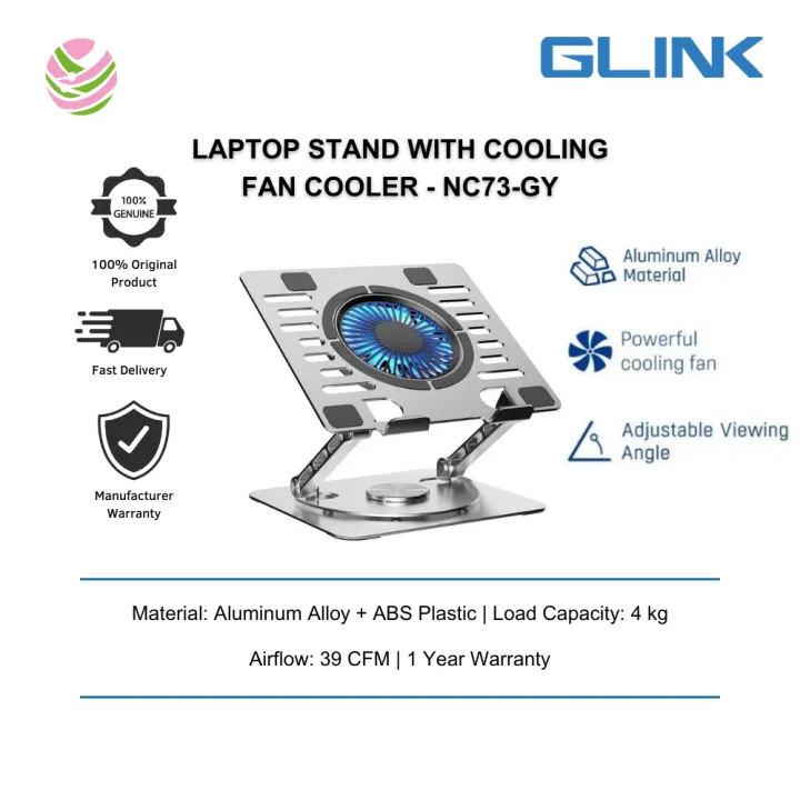 GLINK Angle Adjustable 15.9-inch Aluminum Laptop Stand With Cooling Fan Cooler Vertical Laptop Stand - NC73-GY