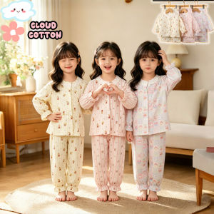 AILEBE 【Local Stock】 Kids Pajamas Set Cloud Cotton Top Straight Leg Pants Two Piece Set Lace Collar Straightened Cuffs Cute Colors Fresh And Elegant
