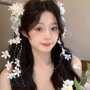 LABAICAI 2 Pcs Lace Bow Flower Hairpins Fabric Tassel Hanfu Hair Accessories Elegant Solid Color Chinese Style Hair Clip Summer Accessories