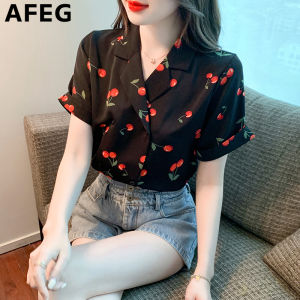 AFEG new Korean version V-neck fashion loose all-match retro cherry print chiffon short-sleeved blouse for women