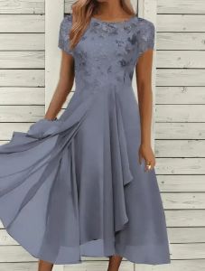 New 2026 Womens Lace Dress for Party Elegant Bride Wedding Dress Plus Size Jewel Neck Knee Length Chiffon Lace Long Party Dress2026