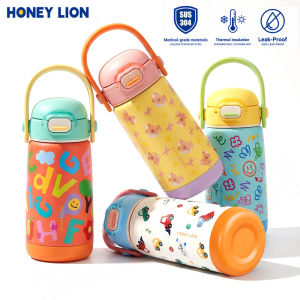 HoneyLion - Toddler Safe Straw Thermos 410ML | Patented Pressure Release Anti-Scald | 304 Stainless Steel Insulated Bottle with Handle for School