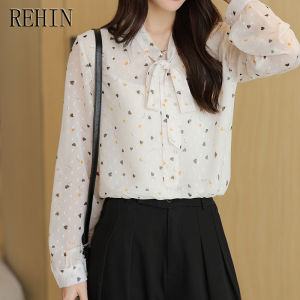 REHIN Floral chiffon long sleeve shirt new spring cover belly thin on bottoming shirt outside wear elegant women blouse