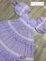 P007-033 PIMNADACLOSET - Short Puff Sleeves Embroidery Purple Chiffon  Dress. 