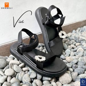 Sepatu Sandal Wanita Motif Krystal Rhinestone Buckle Size 36- 40 Casual Elegan Tanpa Hak