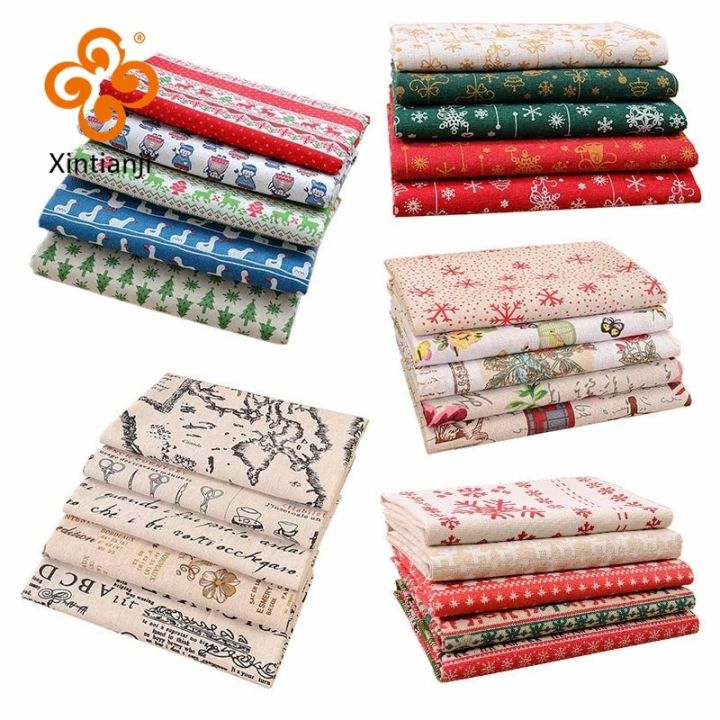 Christmas Patchwork Fabric Bundle Old Coarse Cloth Print Cotton Linen