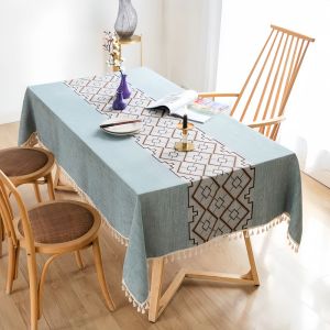 Cotton Linen Tablecloth In Light Blue And Brown For Round & Rectangular Tables Coffee Table Cover TV Cabinet Dust Cover Home Decoration