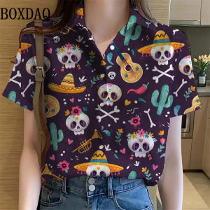 Cartoon Sugar Skull Mexican Day of the Dead Womens Shirts 3D Printed Tops Short Sleeve Button Shirt Summer y2k Womens Clothes