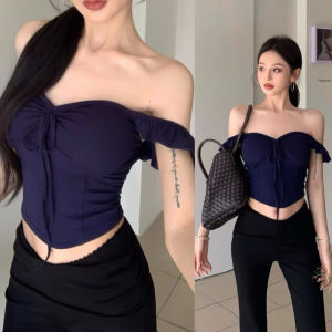 STR💓พร้อมส่ง💓เสื้อเปิดไหล่ผู้หญิง เสื้อยืดแขนสั้น เสื้อท็อปรัดรูปเซ็กซี่หวานสีแดง รูดเชือก สีพื้น ใส่ได้2แบบ สไตล์ลำลอง