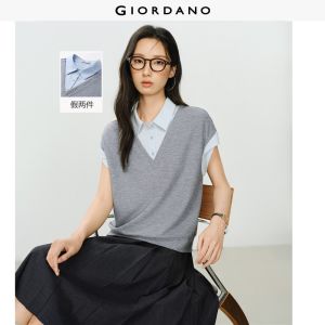 Giordano Women Fake two-piece short sleeve knit shirt Free Shipping 18346516