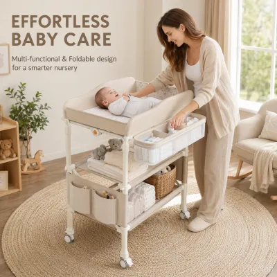 Foldable Baby Changing Table 3-Tier Large Capacity Diaper Changing Station with 360° Silent Wheels & Safety Belt Space-Saving Nursery Organizer with Storage