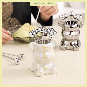 [PureZone] ส้อมสแตนเลส6ชิ้นพร้อมโถเก็บของอุปกรณ์รูปหมีน่ารักสำหรับงานปาร์ตี้ชิมของหวานสลัดผลไม้ดอง