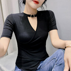 REHIN Womens top cross-collar soild color short sleeve T-shirt S-3XL summer fashion Slim European style blouse