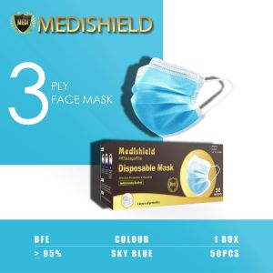 [SKY BLUE PREMIUM 3PLY MASK 50PCS BLUE FACE MASK DISPOSABLE TOPENG BIRU